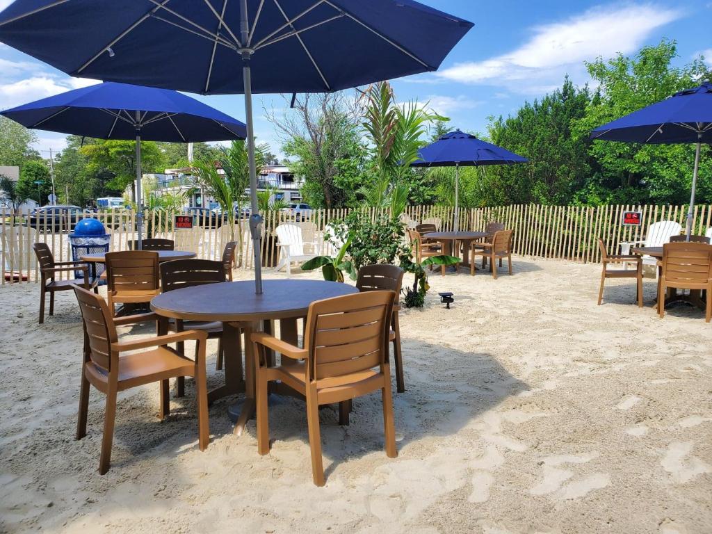 Outdoor Wooden Tables And Chairs With Blue Shade